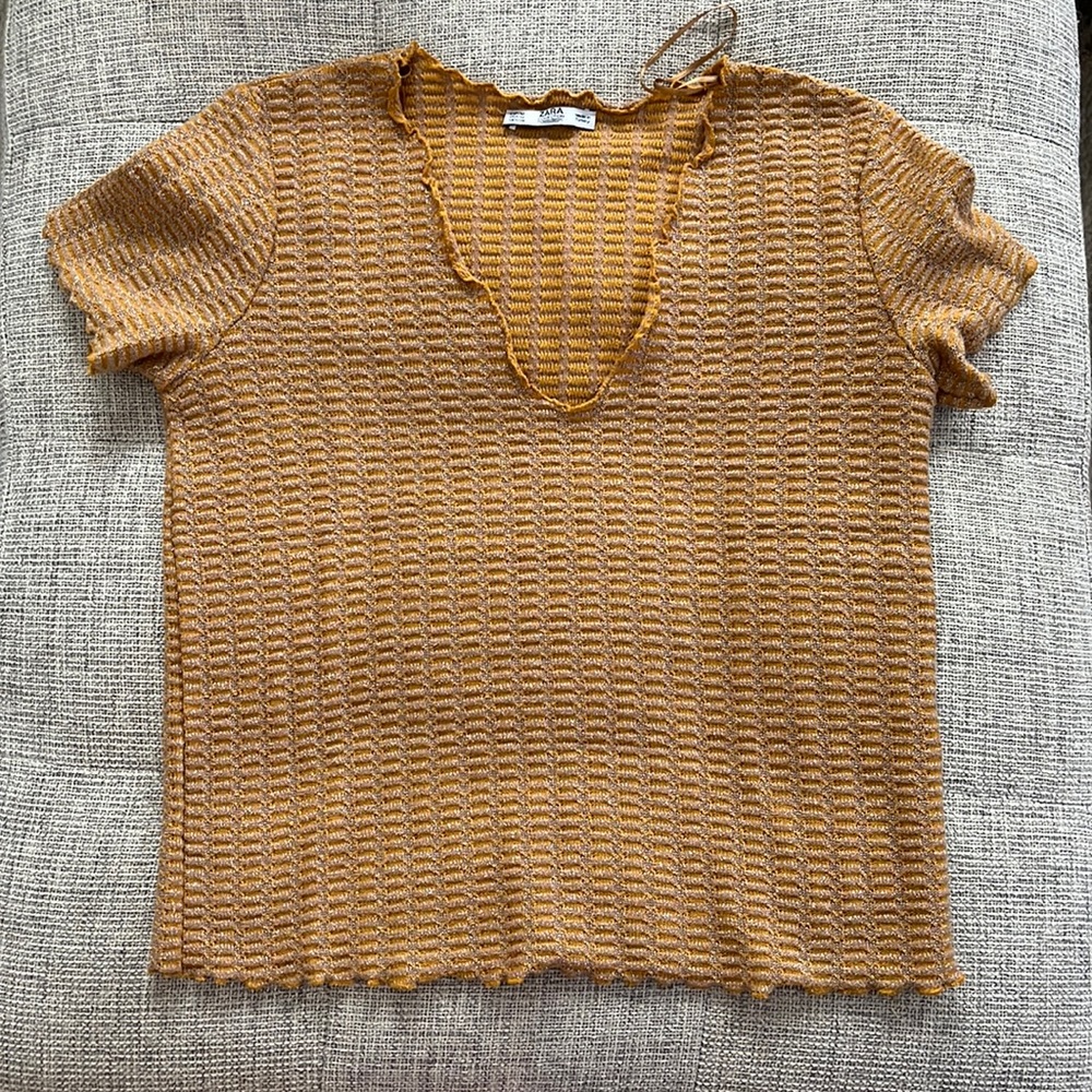 Zara Mustard and Metallic Ruffle V-Neck
